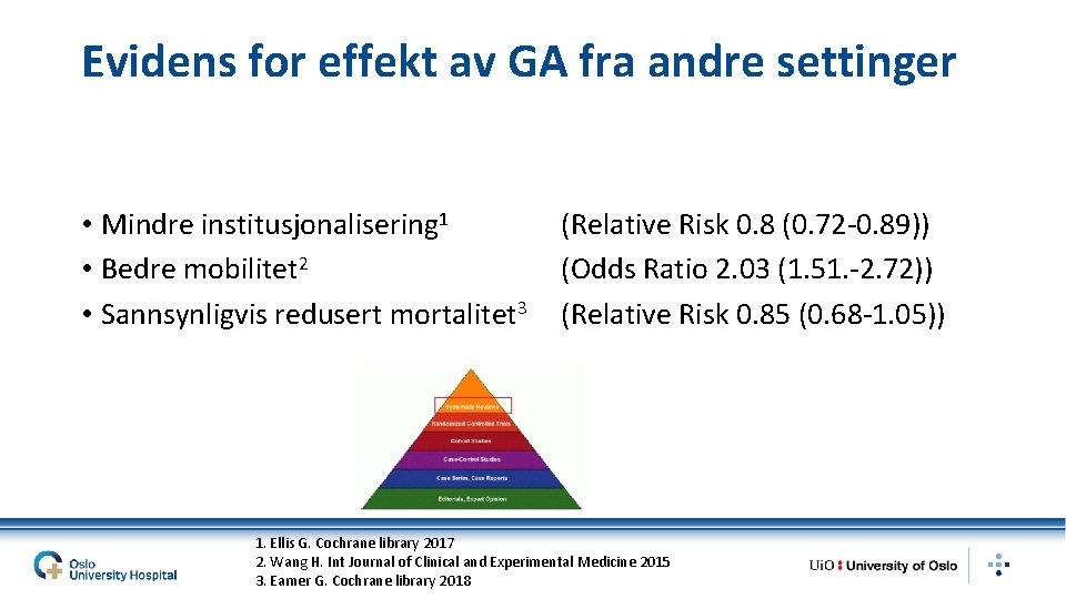 Evidens for effekt av GA fra andre settinger • Mindre institusjonalisering 1 • Bedre