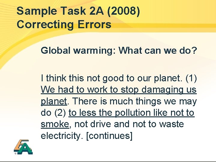 Sample Task 2 A (2008) Correcting Errors Global warming: What can we do? I