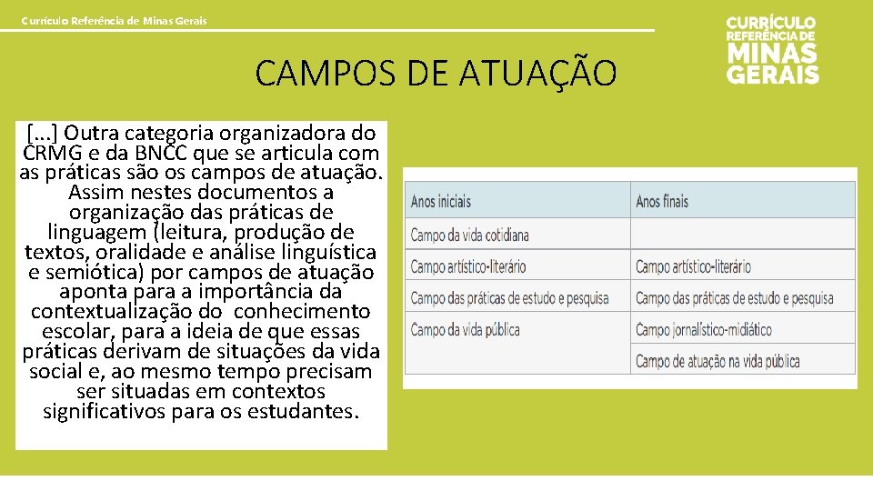 Currículo Referência de Minas Gerais CAMPOS DE ATUAÇÃO [. . . ] Outra categoria