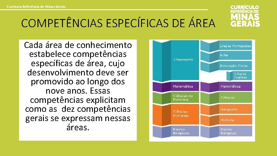 Currículo Referência de Minas Gerais COMPETÊNCIAS ESPECÍFICAS DE ÁREA Cada área de conhecimento estabelece