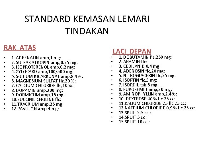 STANDARD KEMASAN LEMARI TINDAKAN RAK ATAS • • • 1. ADRENALIN amp, 1 mg: