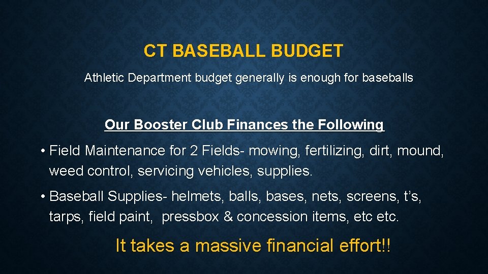 CT BASEBALL BUDGET Athletic Department budget generally is enough for baseballs Our Booster Club