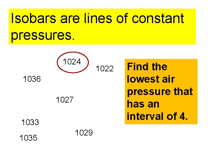 Isobars are lines of constant pressures. 1024 1036 1027 1033 1035 1029 1022 Find