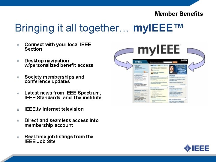 Member Benefits Bringing it all together… my. IEEE™ Connect with your local IEEE Section