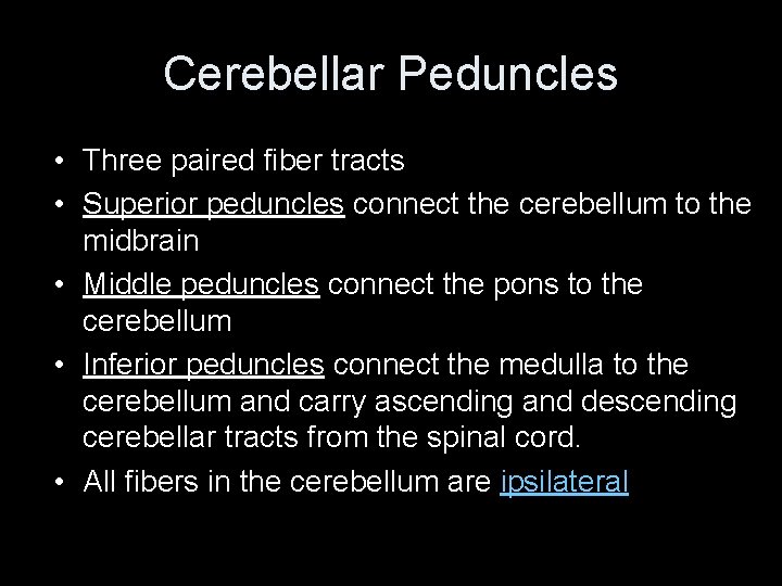 Cerebellar Peduncles • Three paired fiber tracts • Superior peduncles connect the cerebellum to