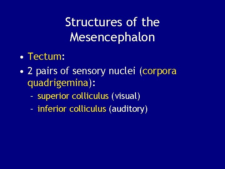 Structures of the Mesencephalon • Tectum: • 2 pairs of sensory nuclei (corpora quadrigemina):