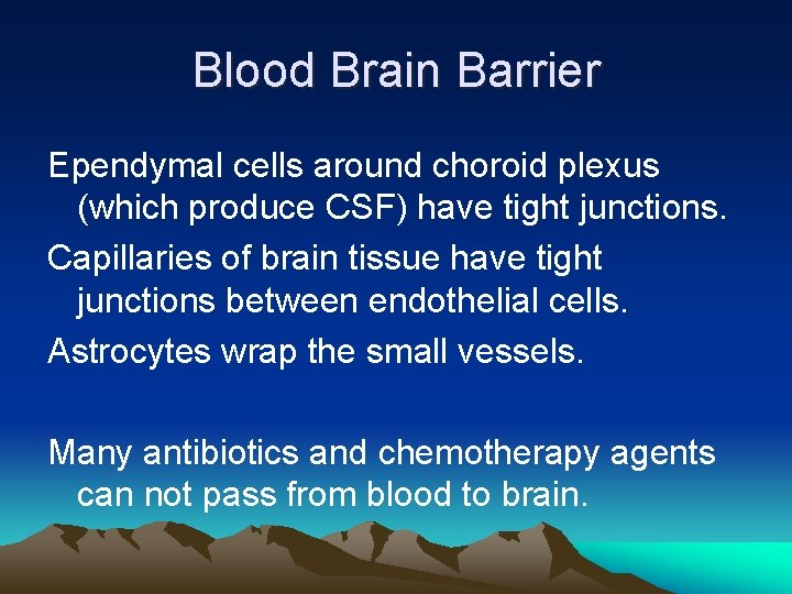 Blood Brain Barrier Ependymal cells around choroid plexus (which produce CSF) have tight junctions.