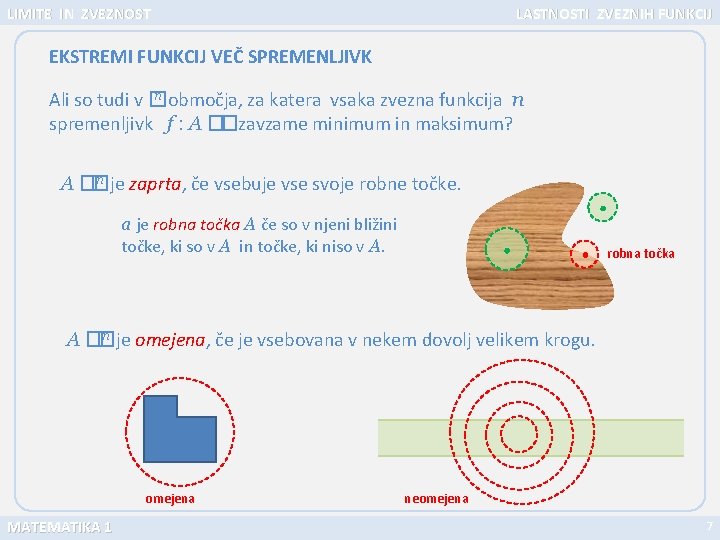 LIMITE IN ZVEZNOST LASTNOSTI ZVEZNIH FUNKCIJ EKSTREMI FUNKCIJ VEČ SPREMENLJIVK n območja, za katera