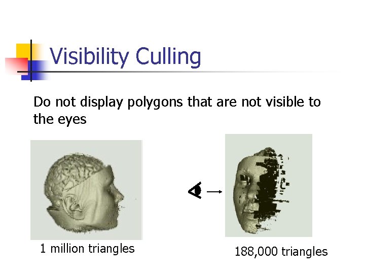 Visibility Culling Do not display polygons that are not visible to the eyes 1