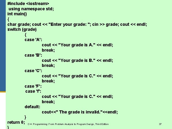 #include <iostream> using namespace std; int main() { char grade; cout << "Enter your