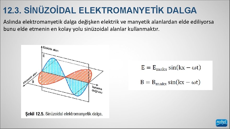 12. 3. SİNÜZOİDAL ELEKTROMANYETİK DALGA Aslında elektromanyetik dalga değişken elektrik ve manyetik alanlardan elde