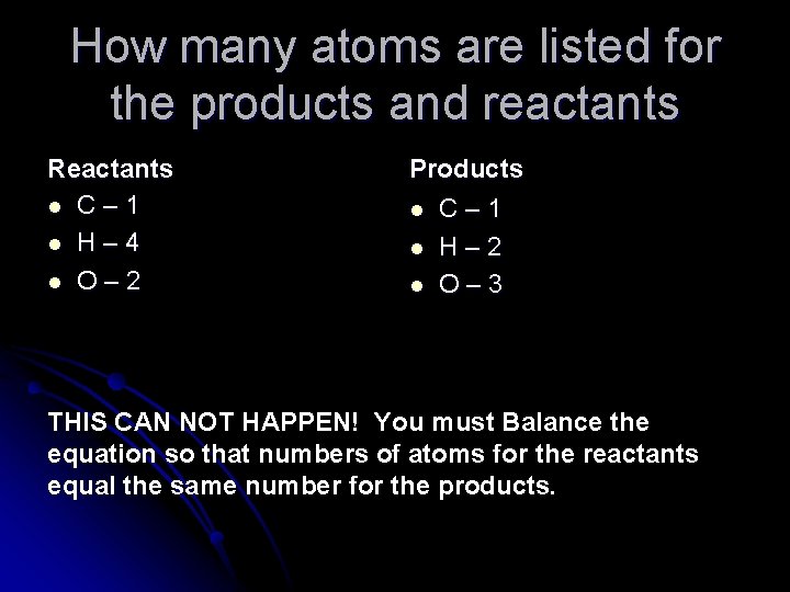 How many atoms are listed for the products and reactants Reactants l C– 1