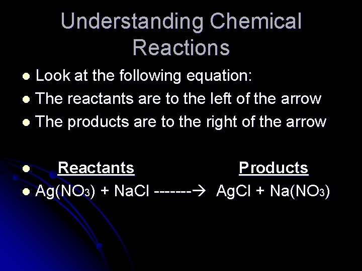 Understanding Chemical Reactions Look at the following equation: l The reactants are to the