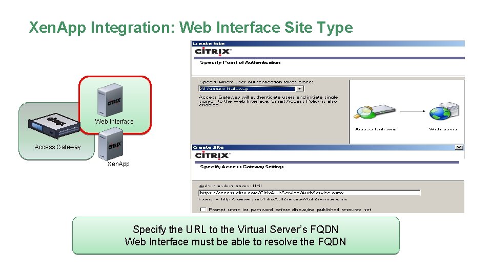 Xen. App Integration: Web Interface Site Type Web Interface Access Gateway Xen. App Specify