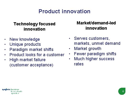 Product innovation Technology focused innovation • • • New knowledge Unique products Paradigm market