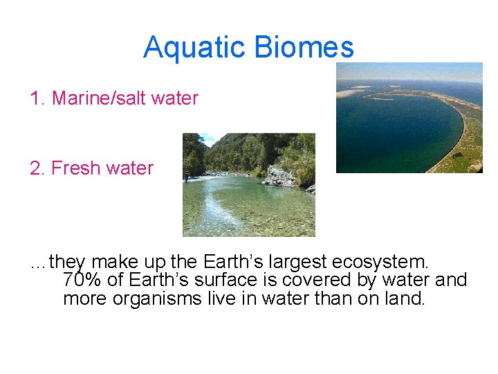 Aquatic Biomes 1. Marine/salt water 2. Fresh water …they make up the Earth’s largest