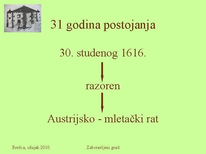 31 godina postojanja 30. studenog 1616. razoren Austrijsko - mletački rat Brešca, ožujak 2010.