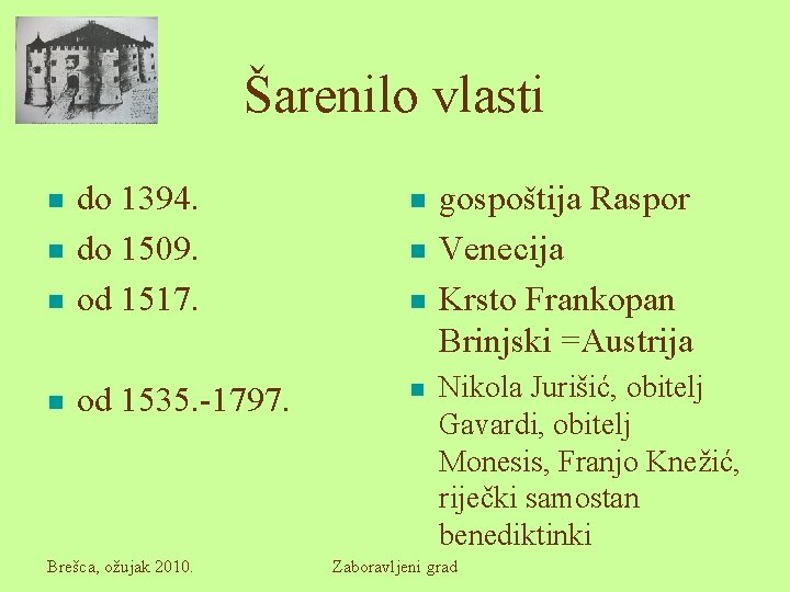 Šarenilo vlasti n do 1394. do 1509. od 1517. n od 1535. -1797. n