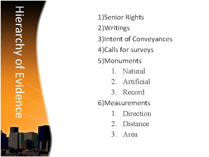 Hierarchy of Evidence 1)Senior Rights 2)Writings 3)Intent of Conveyances 4)Calls for surveys 5)Monuments 1.