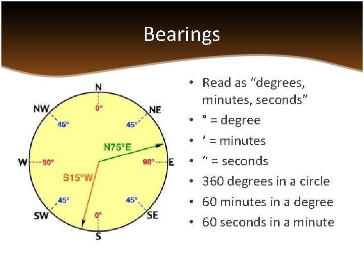 Bearings • Read as “degrees, minutes, seconds” • ° = degree • ‘ =