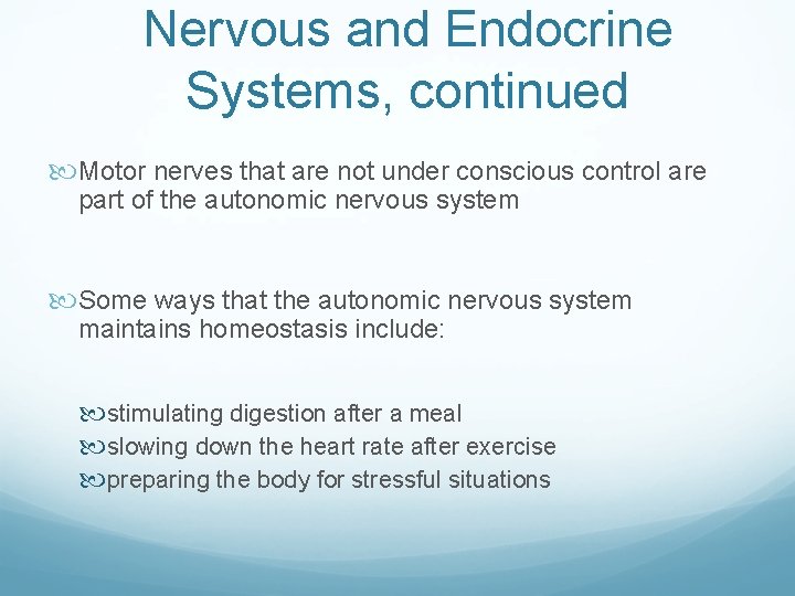 Nervous and Endocrine Systems, continued Motor nerves that are not under conscious control are