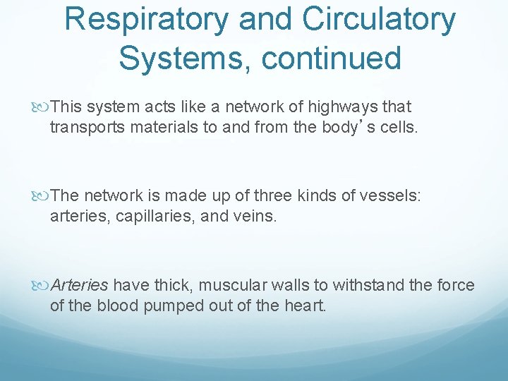 Respiratory and Circulatory Systems, continued This system acts like a network of highways that
