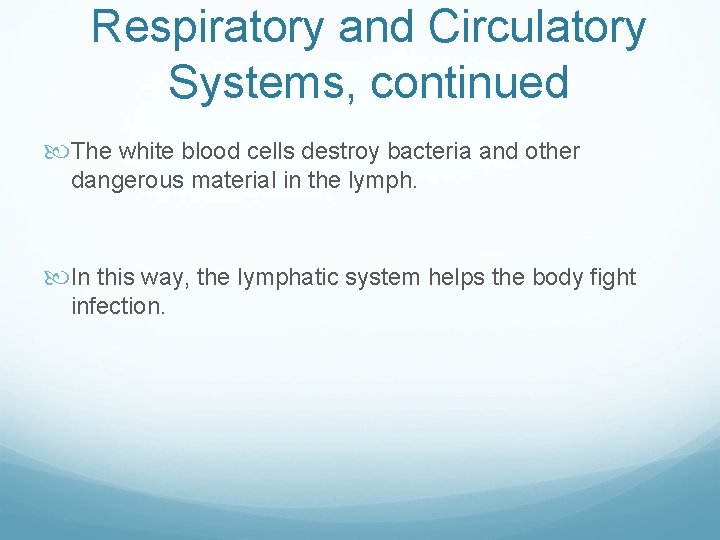 Respiratory and Circulatory Systems, continued The white blood cells destroy bacteria and other dangerous