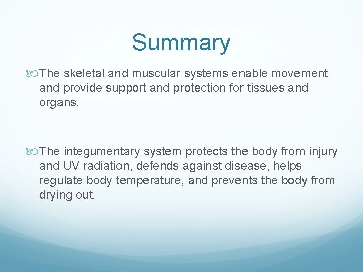 Summary The skeletal and muscular systems enable movement and provide support and protection for