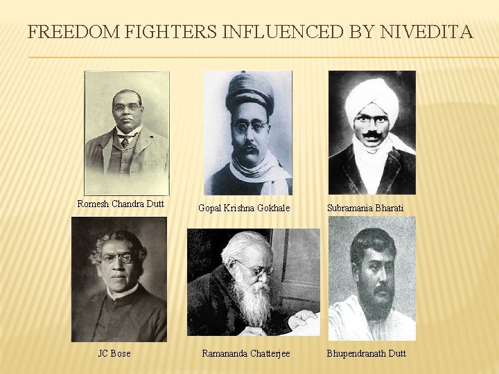 FREEDOM FIGHTERS INFLUENCED BY NIVEDITA Romesh Chandra Dutt JC Bose Gopal Krishna Gokhale Subramania