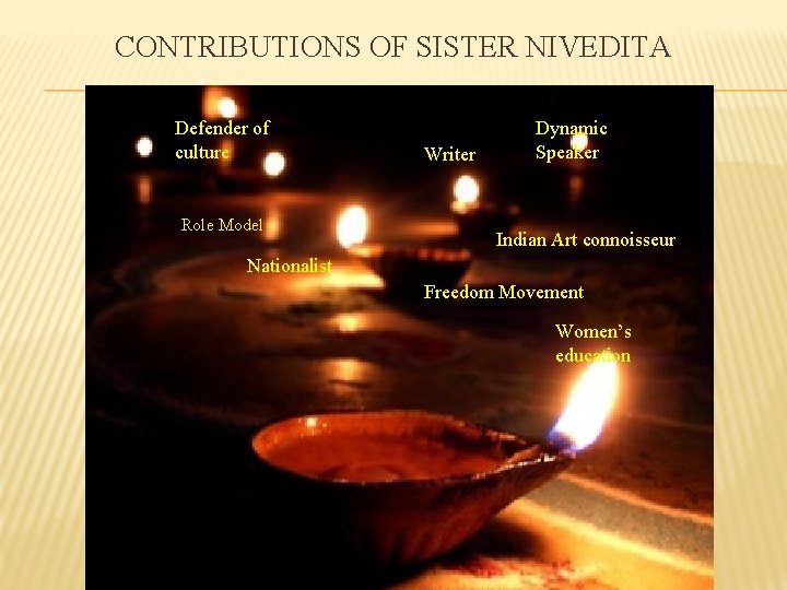 CONTRIBUTIONS OF SISTER NIVEDITA Defender of culture Role Model Writer Dynamic Speaker Indian Art