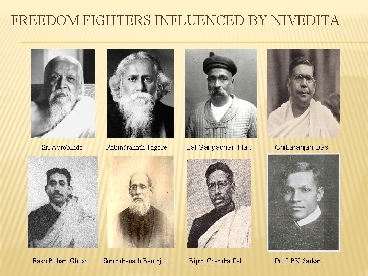 FREEDOM FIGHTERS INFLUENCED BY NIVEDITA Sri Aurobindo Rabindranath Tagore Rash Behari Ghosh Surendranath Banerjee