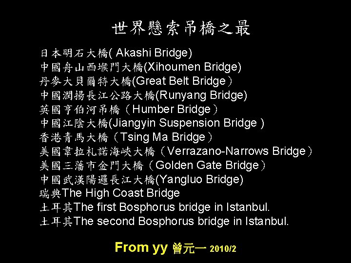 世界懸索吊橋之最 日本明石大橋( Akashi Bridge) 中國舟山西堠門大橋(Xihoumen Bridge) 丹麥大貝爾特大橋(Great Belt Bridge） 中國潤揚長江公路大橋(Runyang Bridge) 英國亨伯河吊橋（Humber Bridge） 中國江陰大橋(Jiangyin