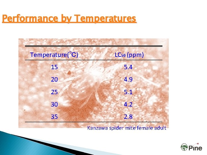 Performance by Temperatures Temperature(℃) LC 50 (ppm) 15 5. 4 20 4. 9 25