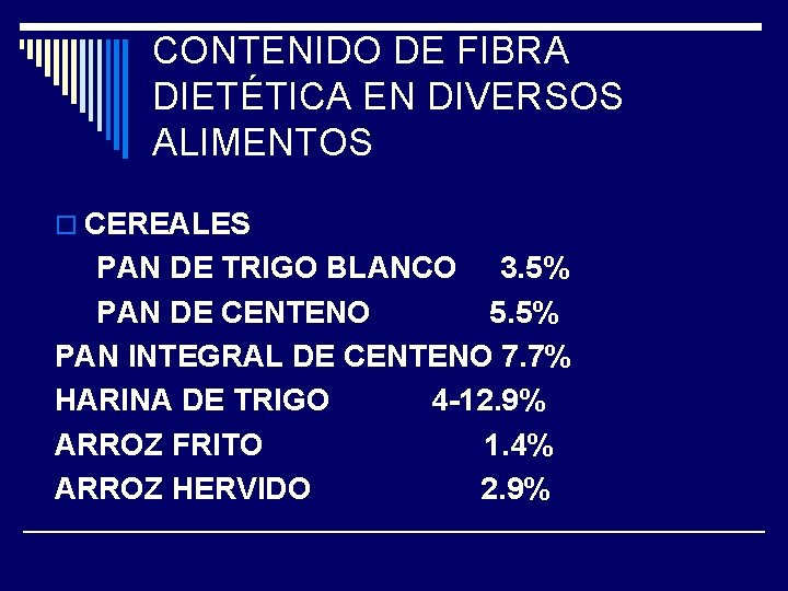 CONTENIDO DE FIBRA DIETÉTICA EN DIVERSOS ALIMENTOS o CEREALES PAN DE TRIGO BLANCO 3.