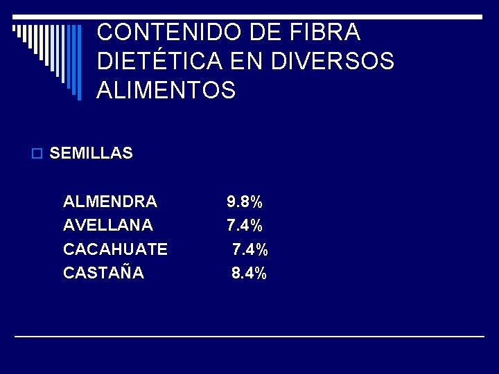 CONTENIDO DE FIBRA DIETÉTICA EN DIVERSOS ALIMENTOS o SEMILLAS ALMENDRA AVELLANA CACAHUATE CASTAÑA 9.