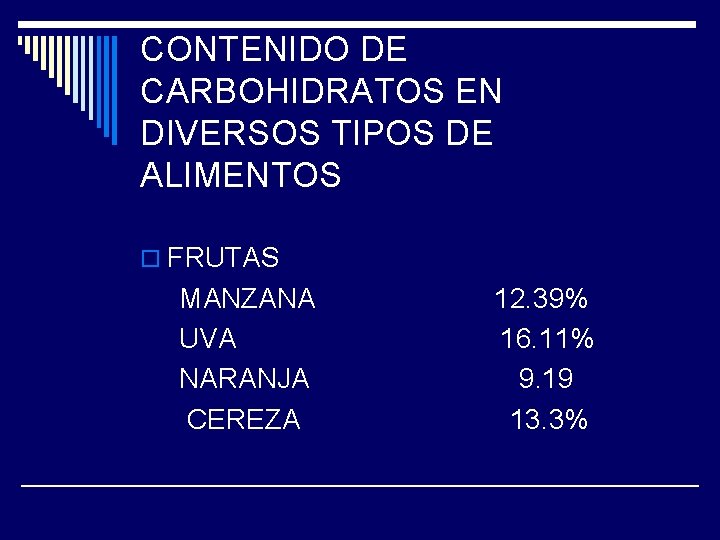 CONTENIDO DE CARBOHIDRATOS EN DIVERSOS TIPOS DE ALIMENTOS o FRUTAS MANZANA UVA NARANJA CEREZA