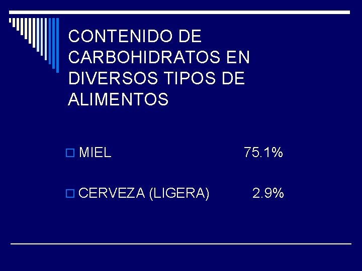 CONTENIDO DE CARBOHIDRATOS EN DIVERSOS TIPOS DE ALIMENTOS o MIEL o CERVEZA (LIGERA) 75.