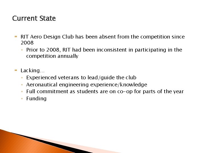 Current State RIT Aero Design Club has been absent from the competition since 2008