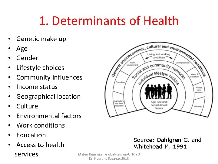 1. Determinants of Health • • • Genetic make up Age Gender Lifestyle choices 1. Determinants of Health • • • Genetic make up Age Gender Lifestyle choices