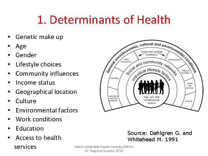 1. Determinants of Health • • • Genetic make up Age Gender Lifestyle choices