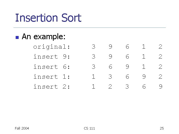Insertion Sort n An example: original: insert 9: insert 6: insert 1: insert 2: