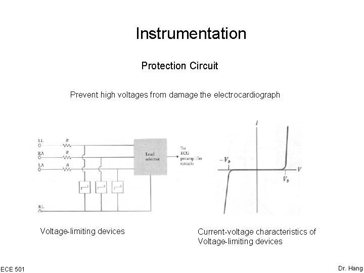 Instrumentation Protection Circuit Prevent high voltages from damage the electrocardiograph Voltage-limiting devices ECE 501