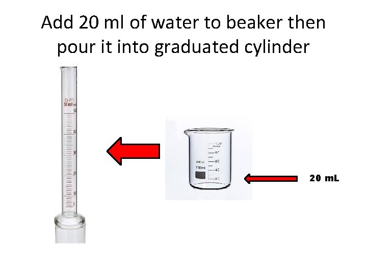 Add 20 ml of water to beaker then pour it into graduated cylinder 20
