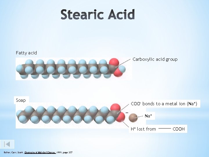 Fatty acid Carboxylic acid group Soap COO- bonds to a metal ion (Na+) Na+