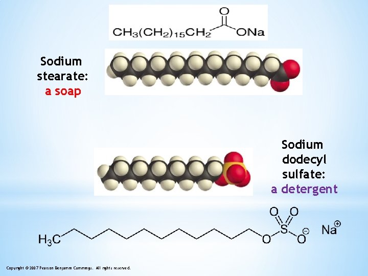 Sodium stearate: a soap Sodium dodecyl sulfate: a detergent Copyright © 2007 Pearson Benjamin