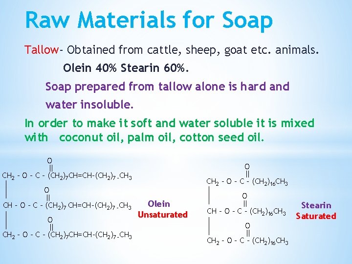 Raw Materials for Soap Tallow- Obtained from cattle, sheep, goat etc. animals. Olein 40%