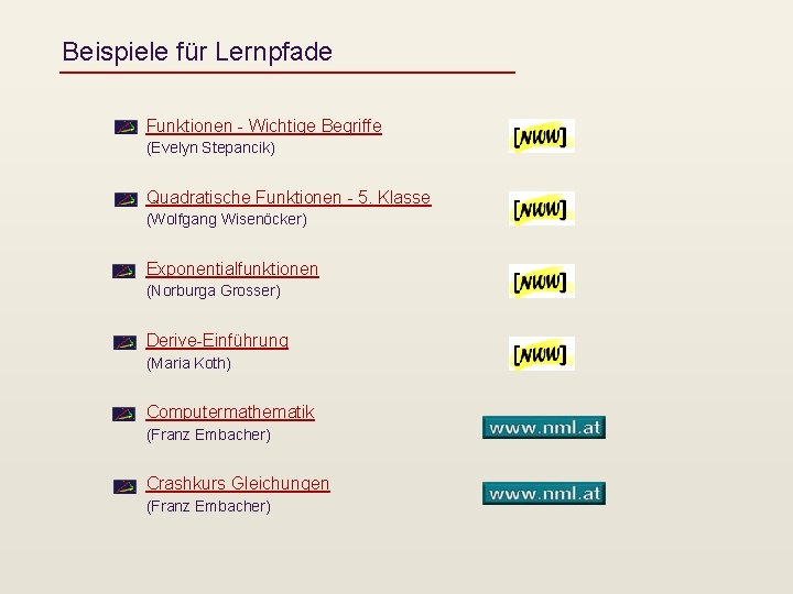 Beispiele für Lernpfade Funktionen - Wichtige Begriffe (Evelyn Stepancik) Quadratische Funktionen - 5. Klasse