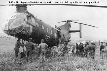 1960 – Atterrissage à Souk-Ahras, sur un berceau, d’un H-21 ayant le train principal