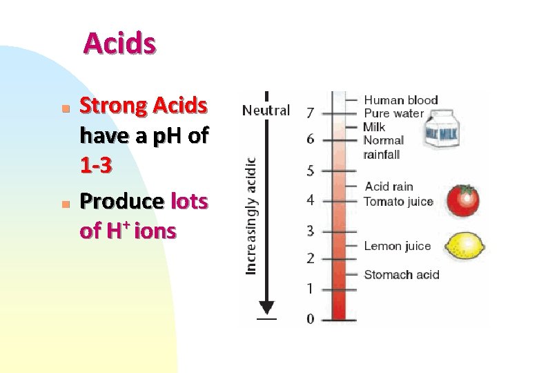 Acids n n Strong Acids have a p. H of 1 -3 Produce lots