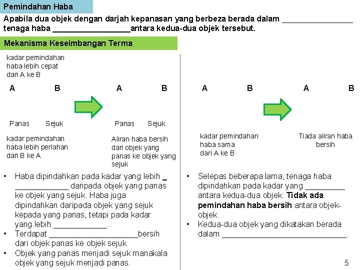 Pemindahan Haba Apabila dua objek dengan darjah kepanasan yang berbeza berada dalam ________ tenaga